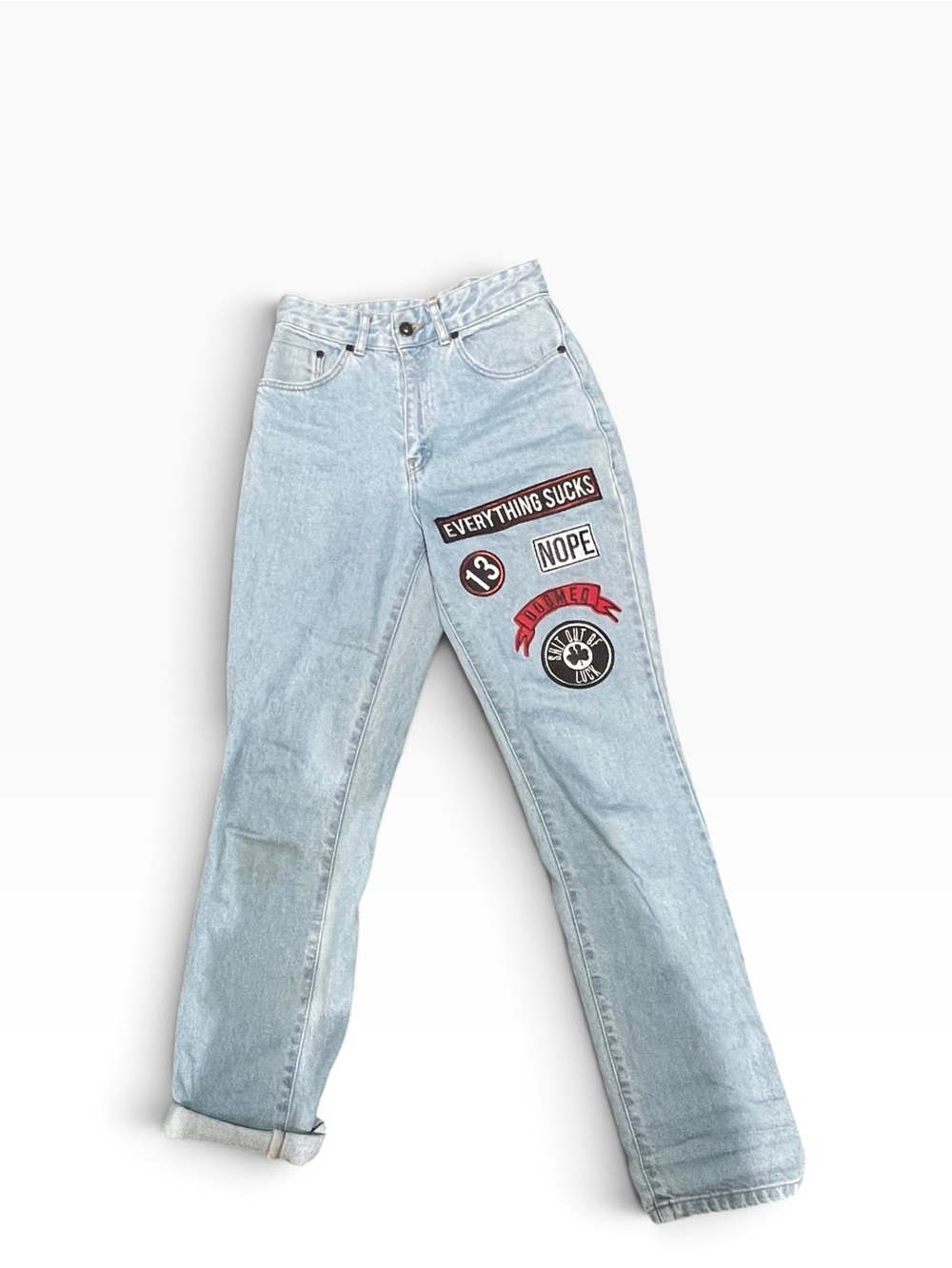 The Ragged Priest Light Blue Boyfriend Jeans with Bold Patch Graphics